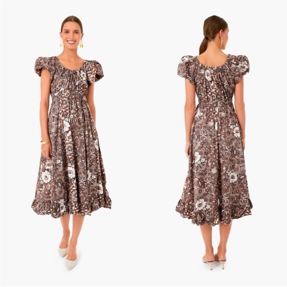 ULLA JOHNSON Nanette Dress in Teak‎ Brown Floral Print Midi Gown Size 6 Poplin - Picture 3 of 17